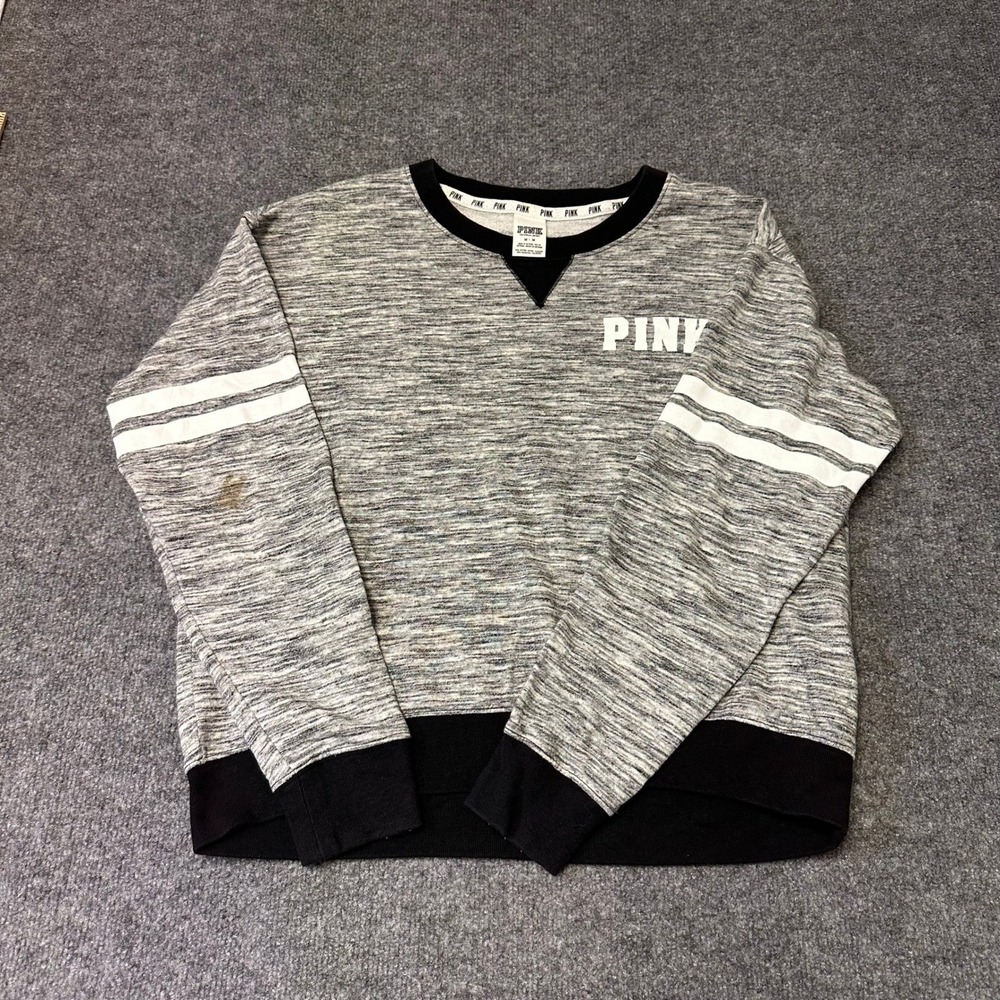 PINK Sweatshirt Womens Size M Gray Black Marl Stripe Logo Pullover Activewear